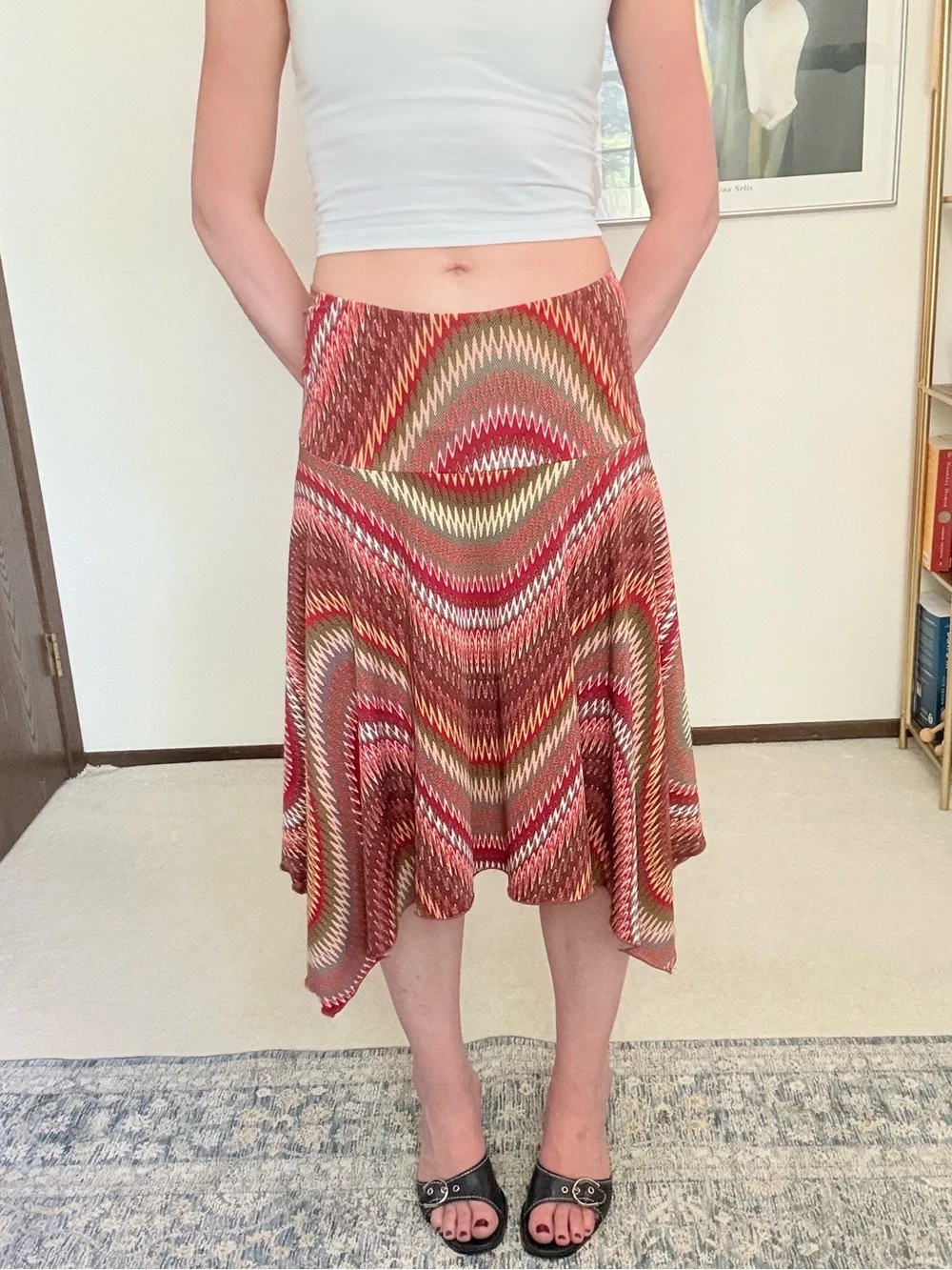 Y2K Low Rise Drop Waist Asymmetrical Hem Patterned Midi Skirt Fairy Boho